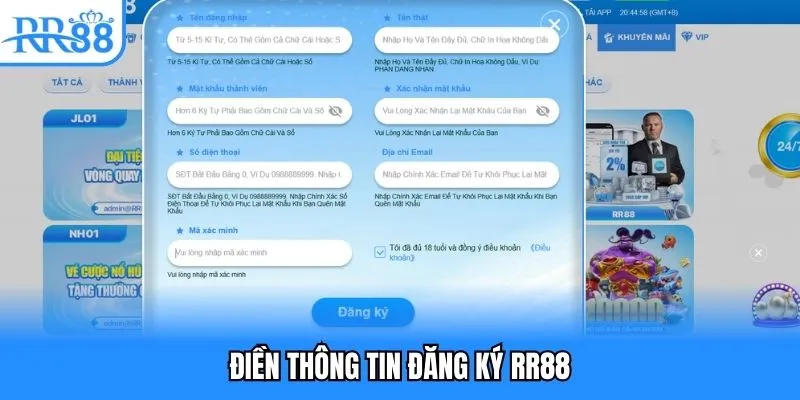 Điền thông tin đăng ký RR88